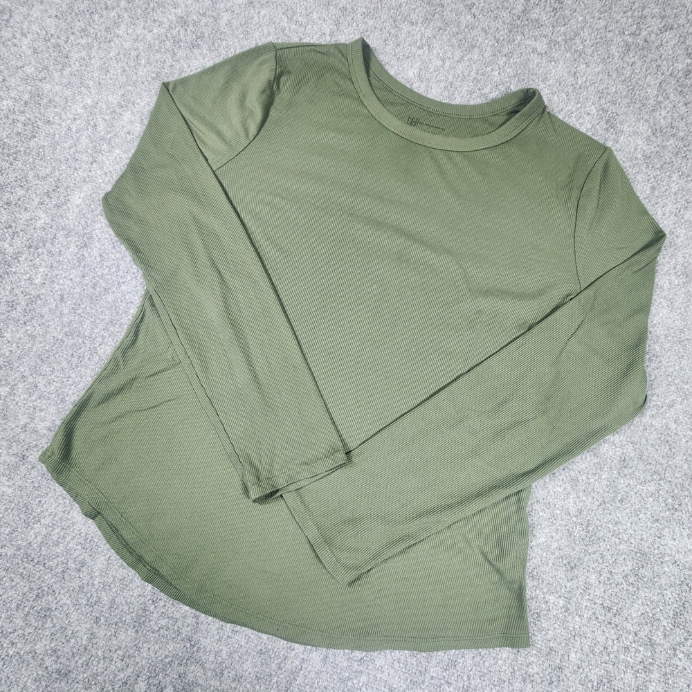 No Boundaries Olive Green Ribbed Long Sleeve Top XL 15-17 Crew Neck Curved Hem